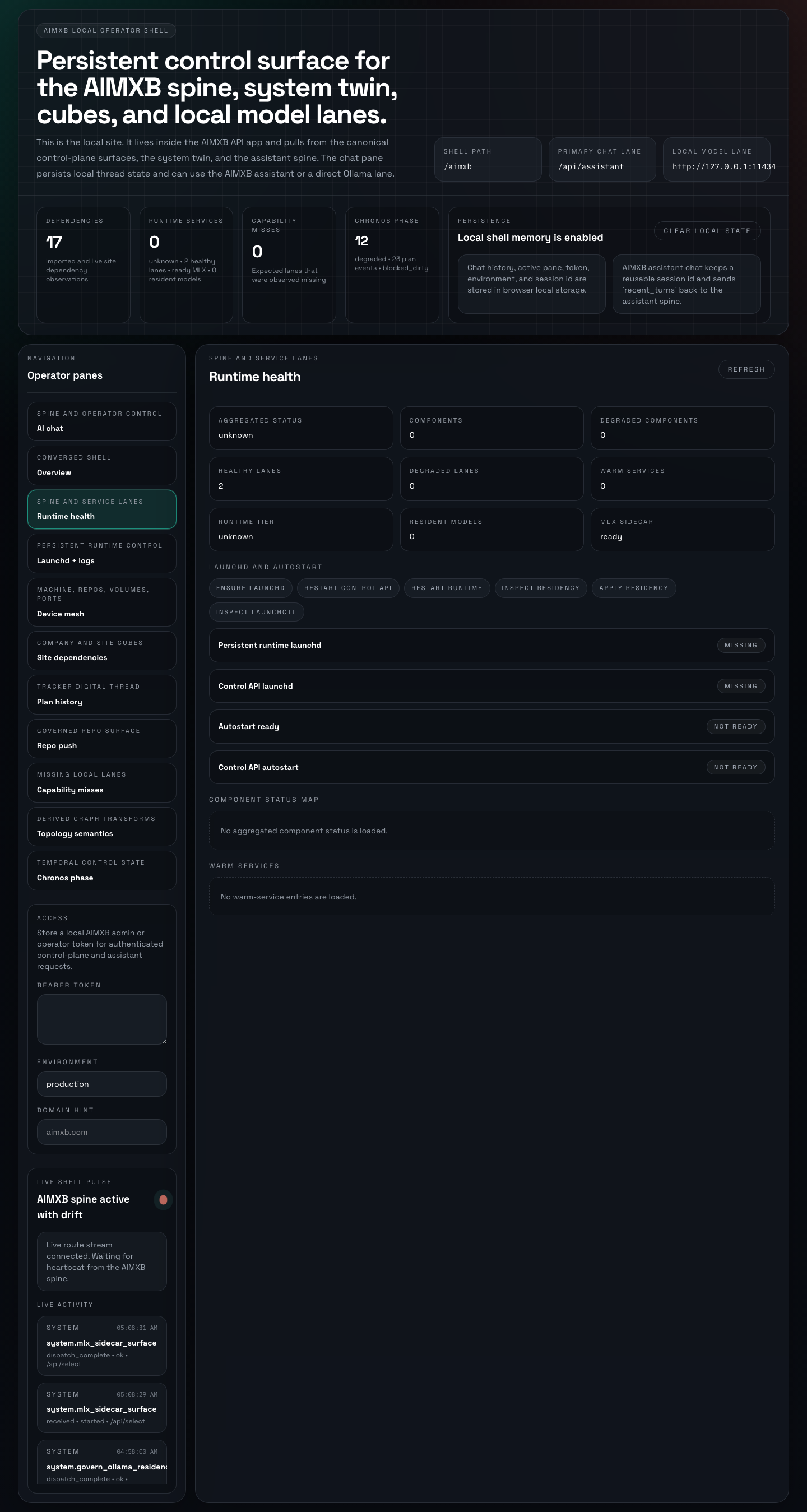AIMXB runtime board showing service health, dependency state, and operator controls inside the shell.