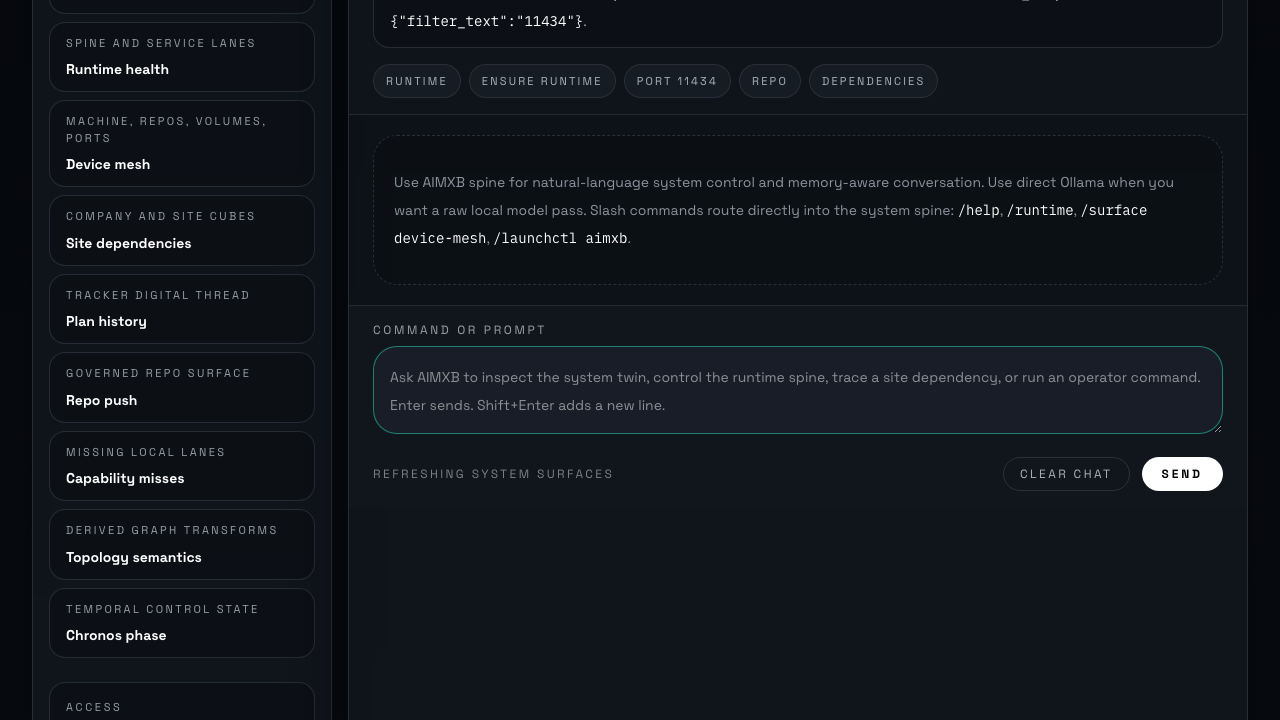 AIMXB chat surface showing a governed command lane and prompt entry for system requests.