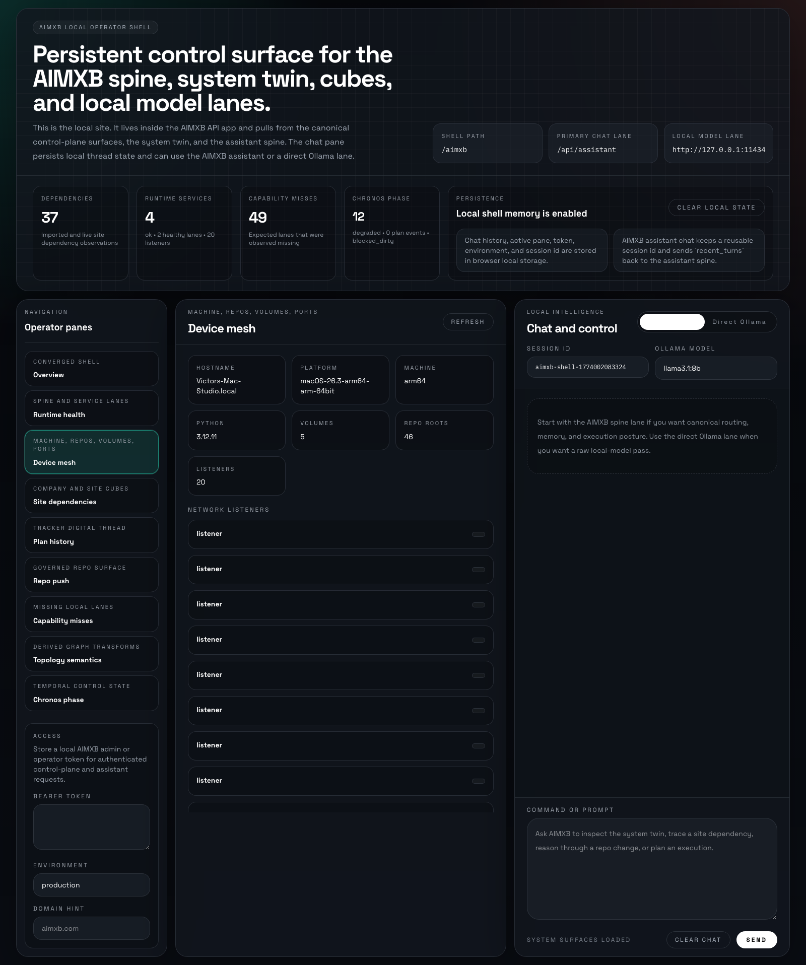 AIMXB local operator shell showing device mesh and environment panes.